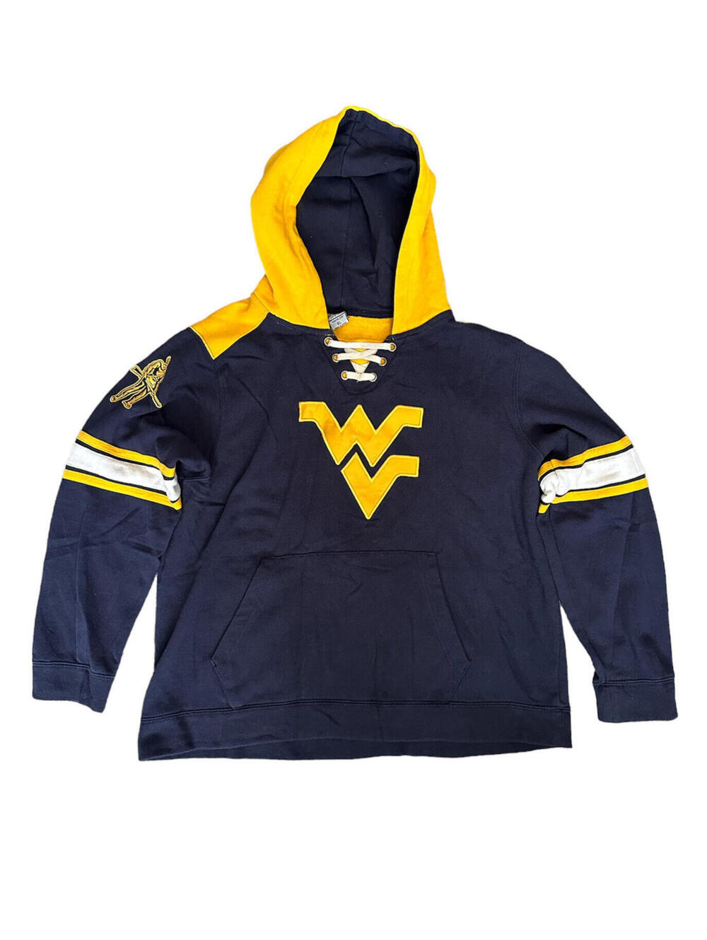 Colosseum West Virginia Mountaineers Lace Up Navy Blue Yellow Hoodie Youth Sz XL